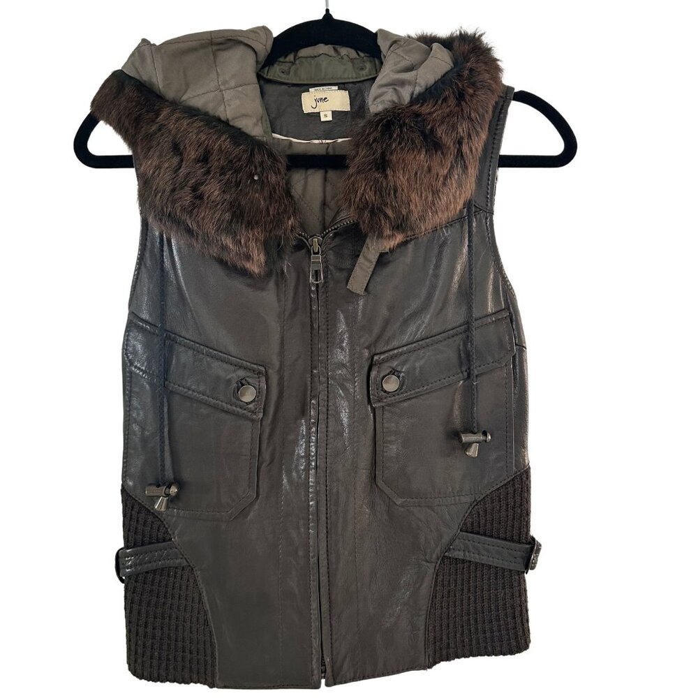 June Leather Hooded Vest Real Rabbit Fur Trim Silk Lining Knit Dark Brown Size S